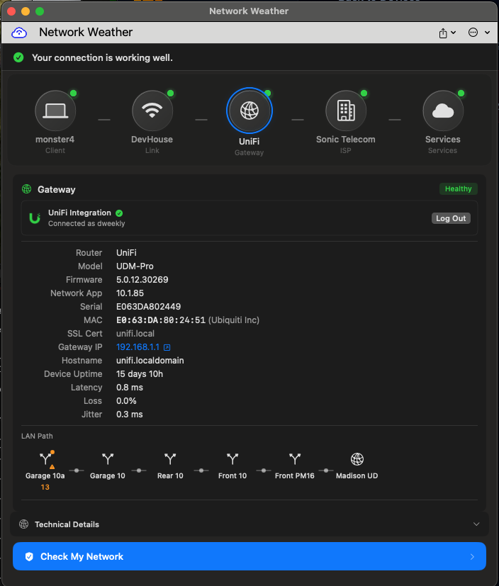 Network Weather conectado a un UniFi UDM-Pro mostrando firmware, latencia, pérdida, jitter y topología LAN