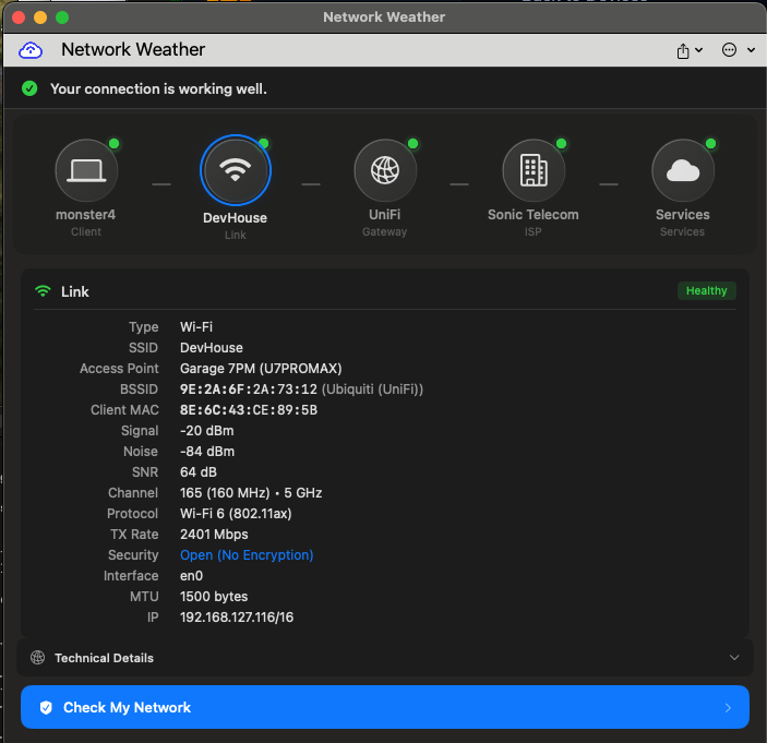 Network Weather WiFi detail showing open encryption warning, access point, channel, signal strength, and protocol