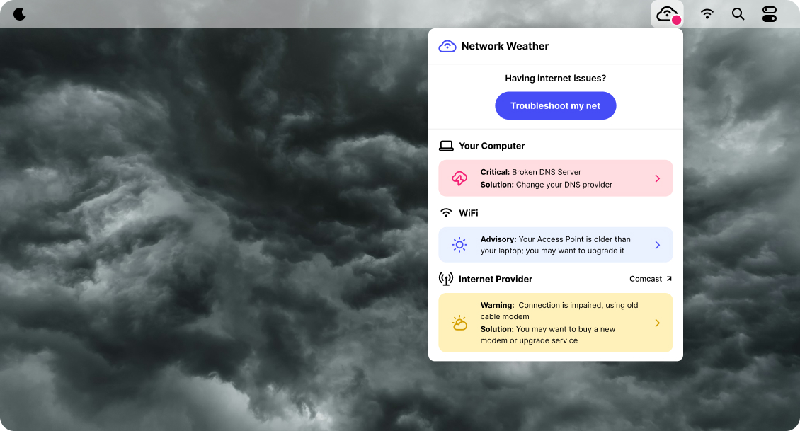 Network Weather application screenshot showing diagnostics