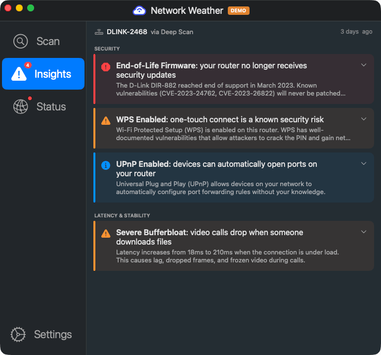Network Weather Insights tab showing end-of-life firmware warning, WPS and UPnP security risks, and severe bufferbloat causing video call drops