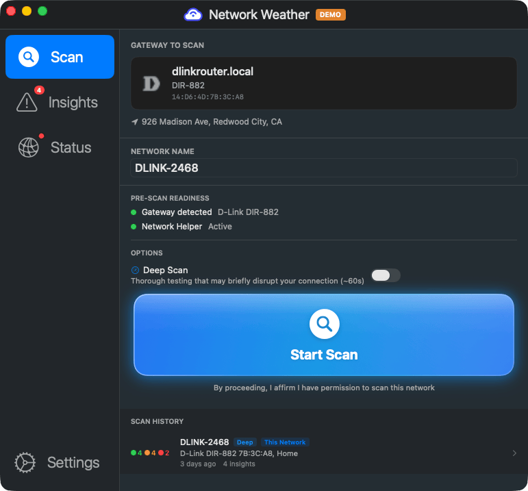 Network Weather Scan tab showing D-Link DLINK-2468 router details, firmware version, and Start Scan button