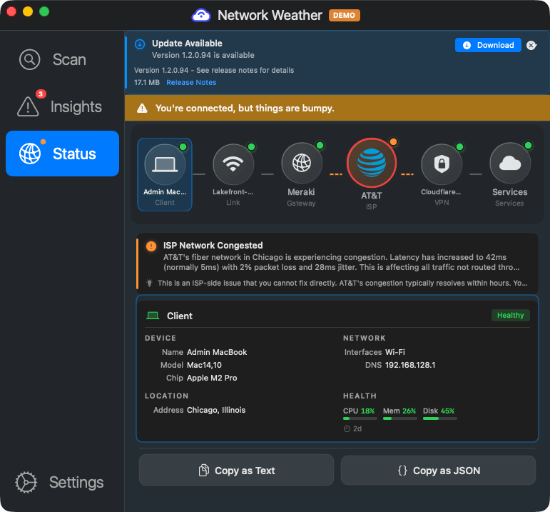 Network Weather Status tab showing network topology with congestion warnings and latency metrics per hop